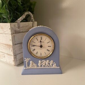 Wedgwood Portland Blue Jasperware Dome Mantel Clock with Cherubs Roman Numerals